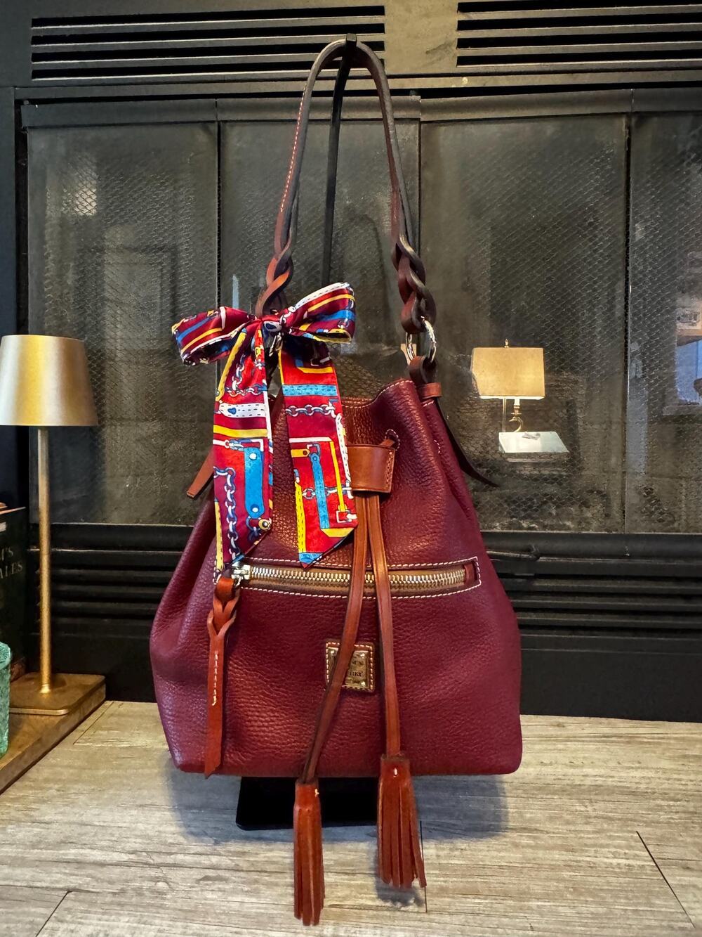 Dooney & Bourke Bordeaux pebble grain leather cinch drawstring bucket bag purse